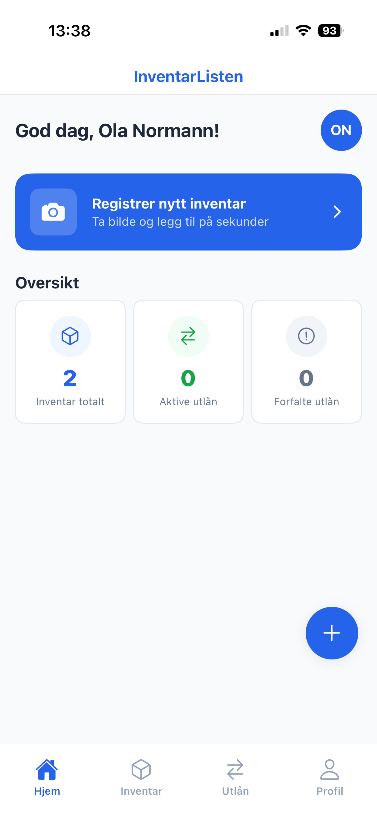 InventarListen mobilapp — hjem