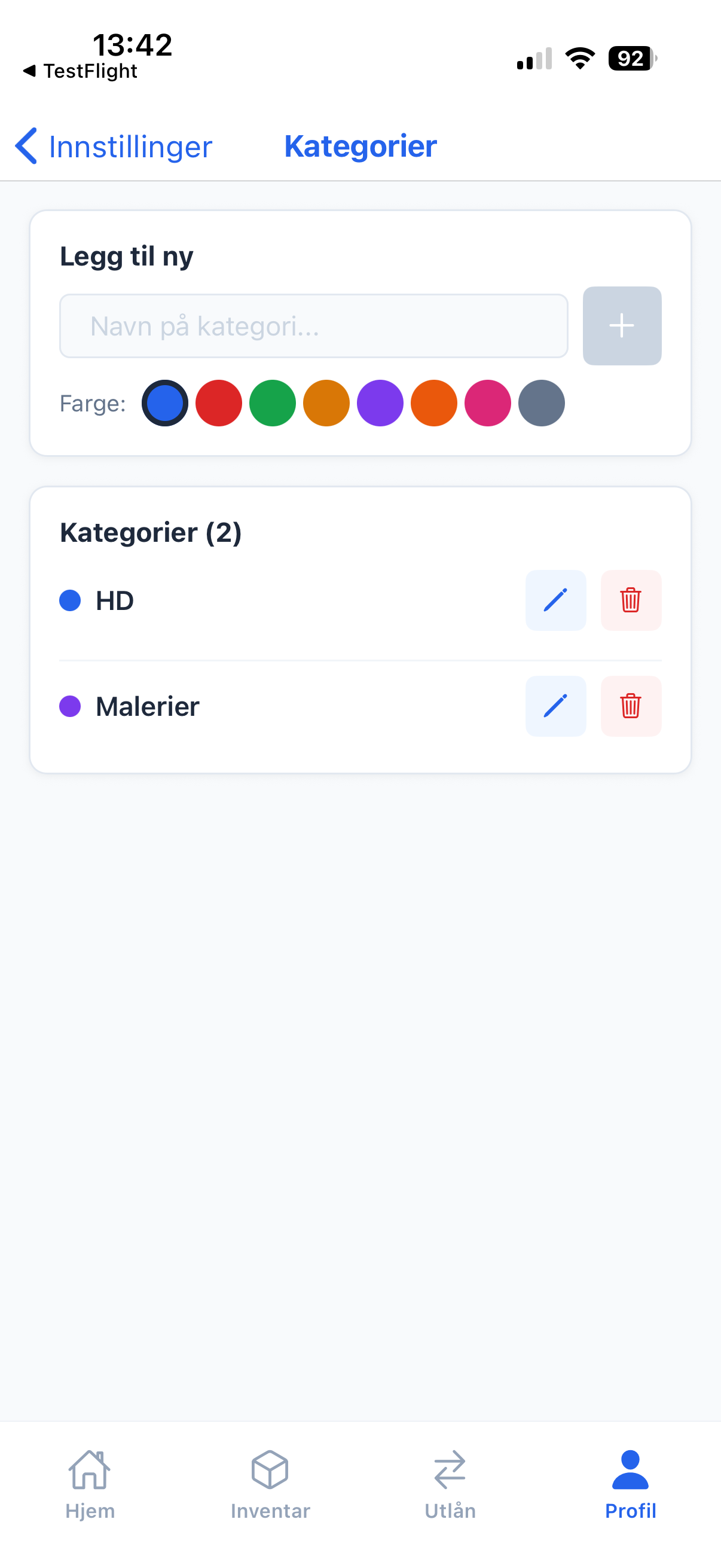 InventarListen mobilapp — kategorier