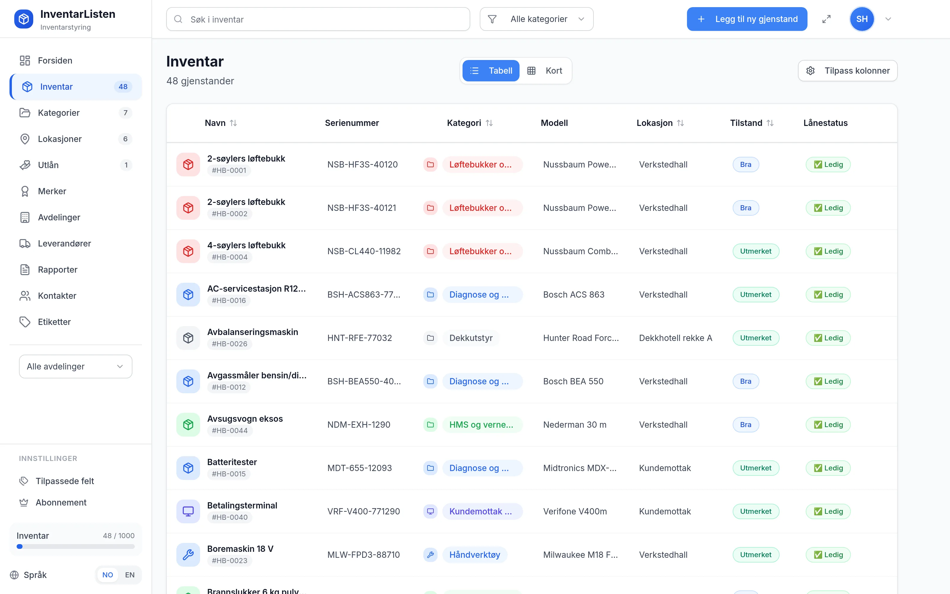 Inventarliste for bilverksted med dekkhotell i InventarListen – tabellvisning med kategori, plassering og tilstand