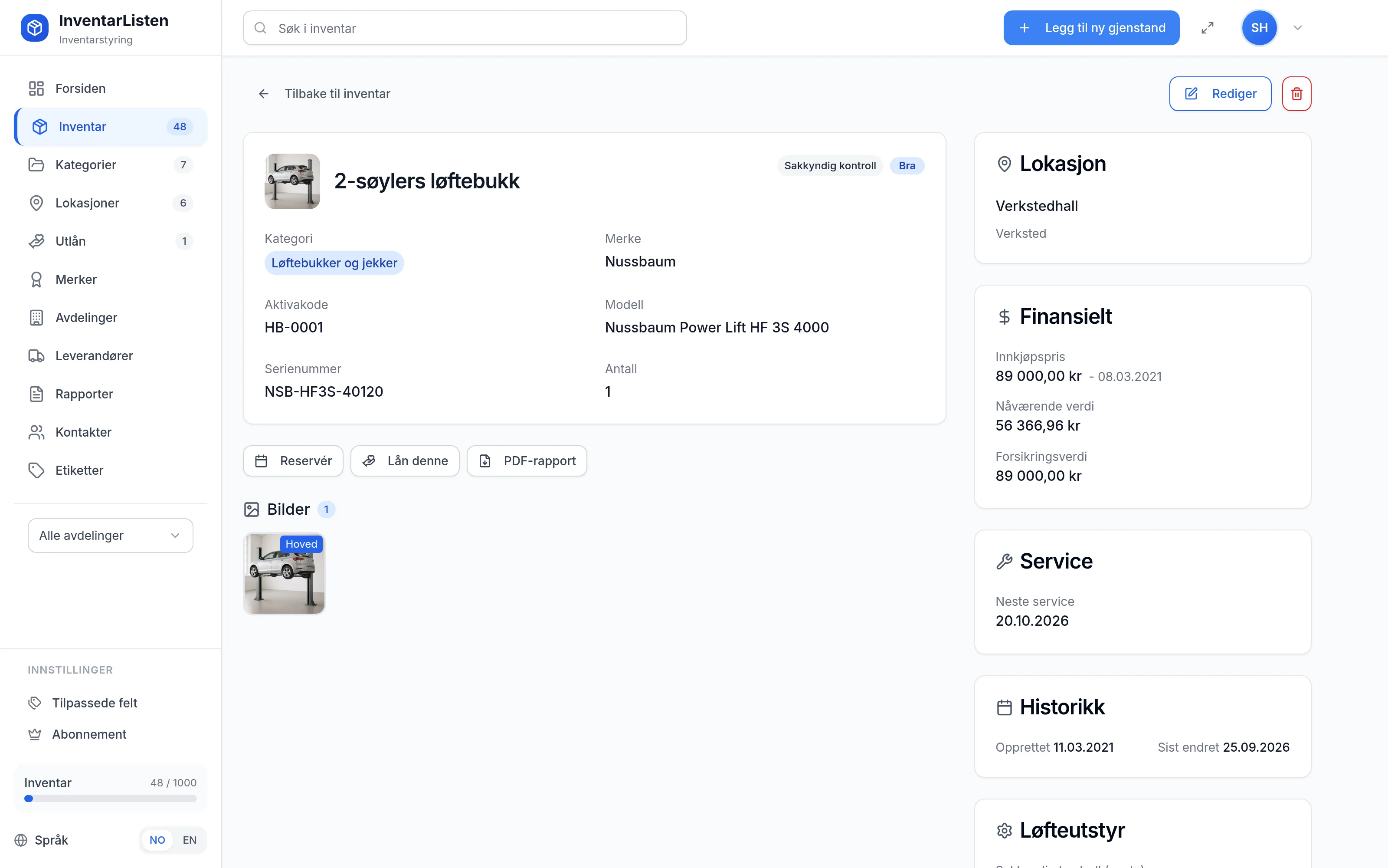 Detaljside for et inventarelement hos bilverksted med dekkhotell – verdi, service, garanti og egendefinerte felt