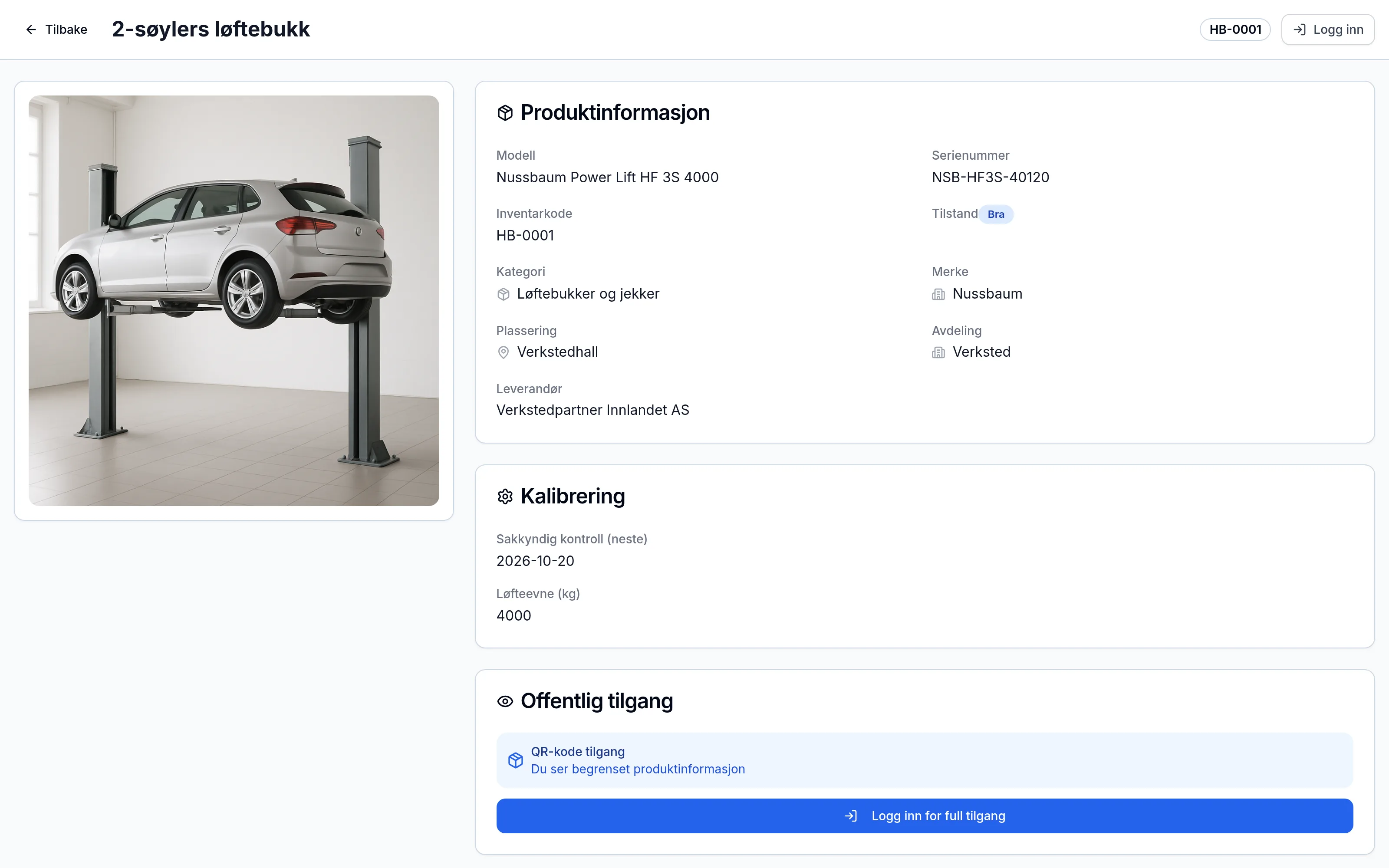 Offentlig QR-side for et inventarelement hos bilverksted med dekkhotell – skannes med mobilen