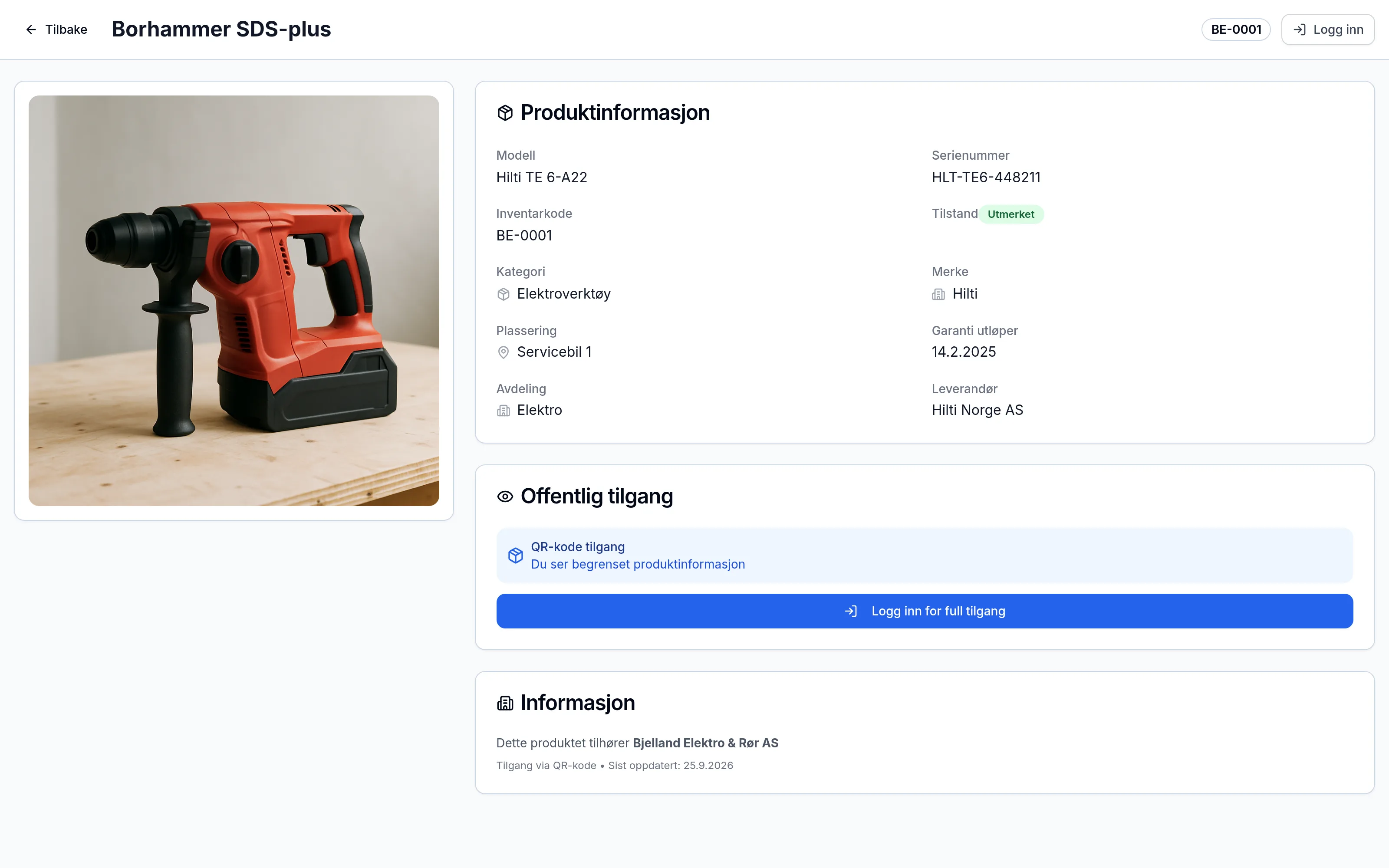 Offentlig QR-side for et inventarelement hos entreprenør i bygg og anlegg – skannes med mobilen