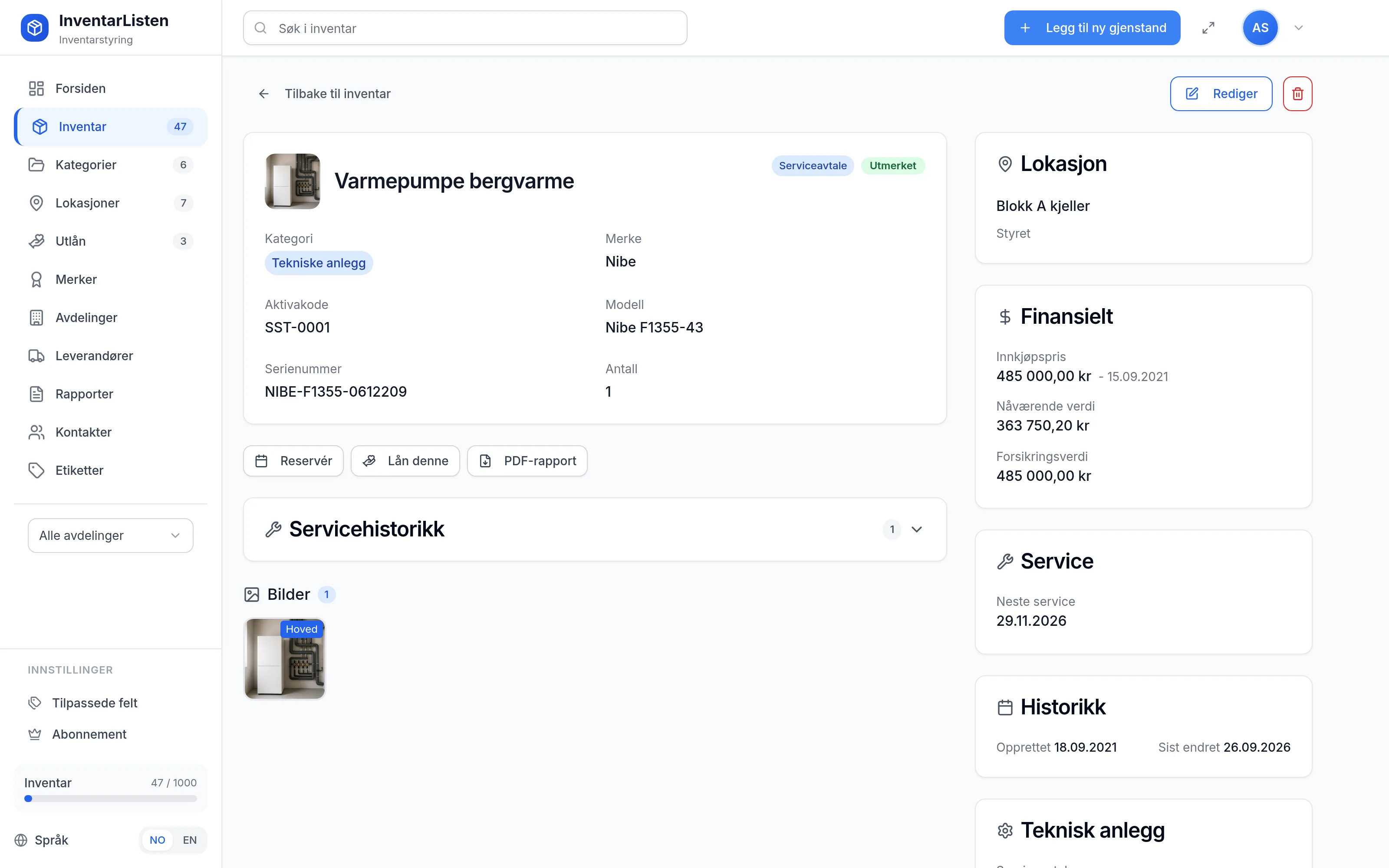 Detaljside for et inventarelement hos sameie og borettslag – verdi, service, garanti og egendefinerte felt