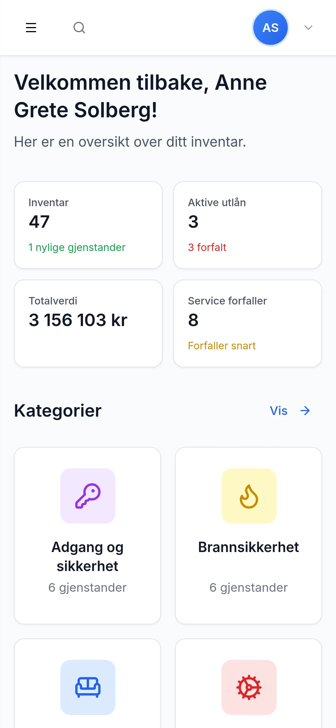 Dashbord for sameie og borettslag på mobil i InventarListen