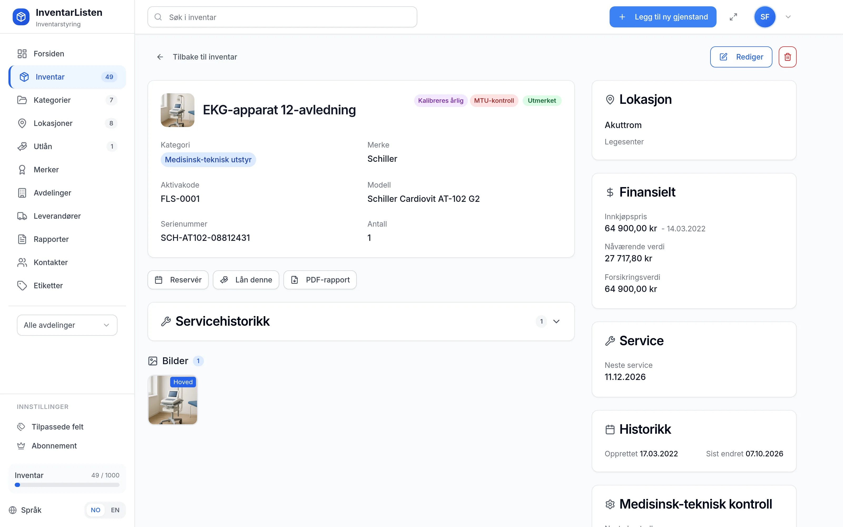 Detaljside for et inventarelement hos helse-og-omsorg – verdi, service, garanti og egendefinerte felt