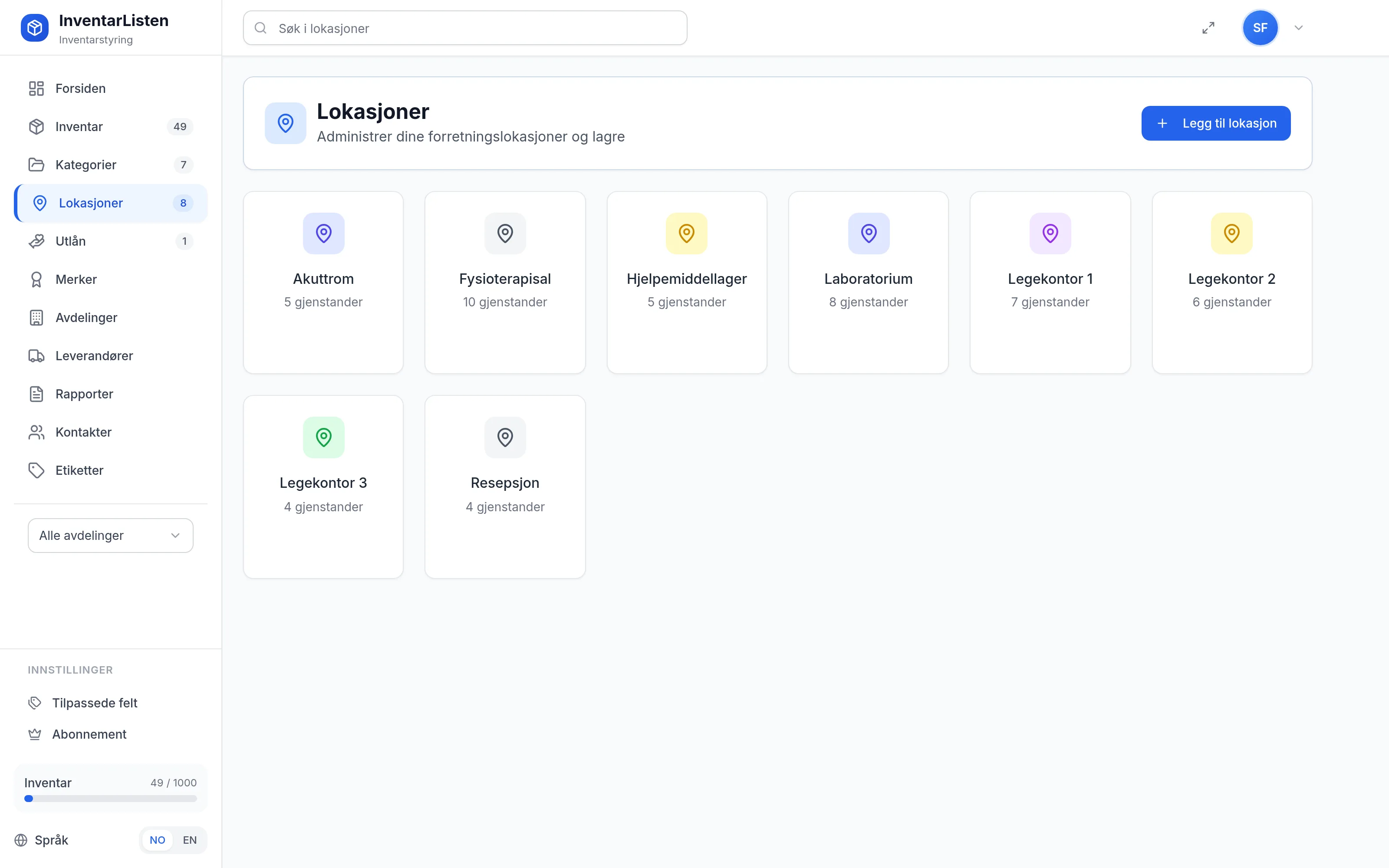 Plasseringer for helse-og-omsorg i InventarListen – hvor utstyret befinner seg