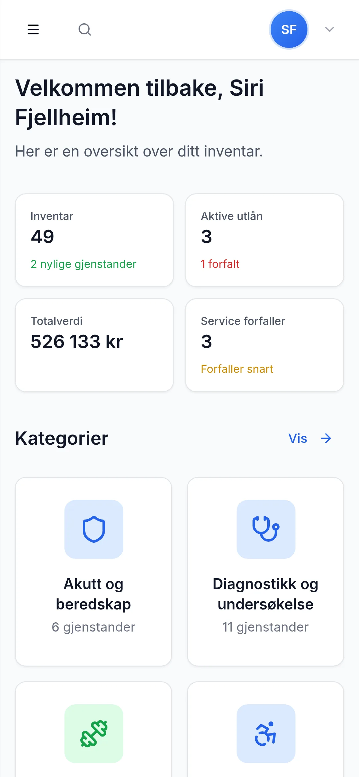 Dashbord for helse-og-omsorg på mobil i InventarListen