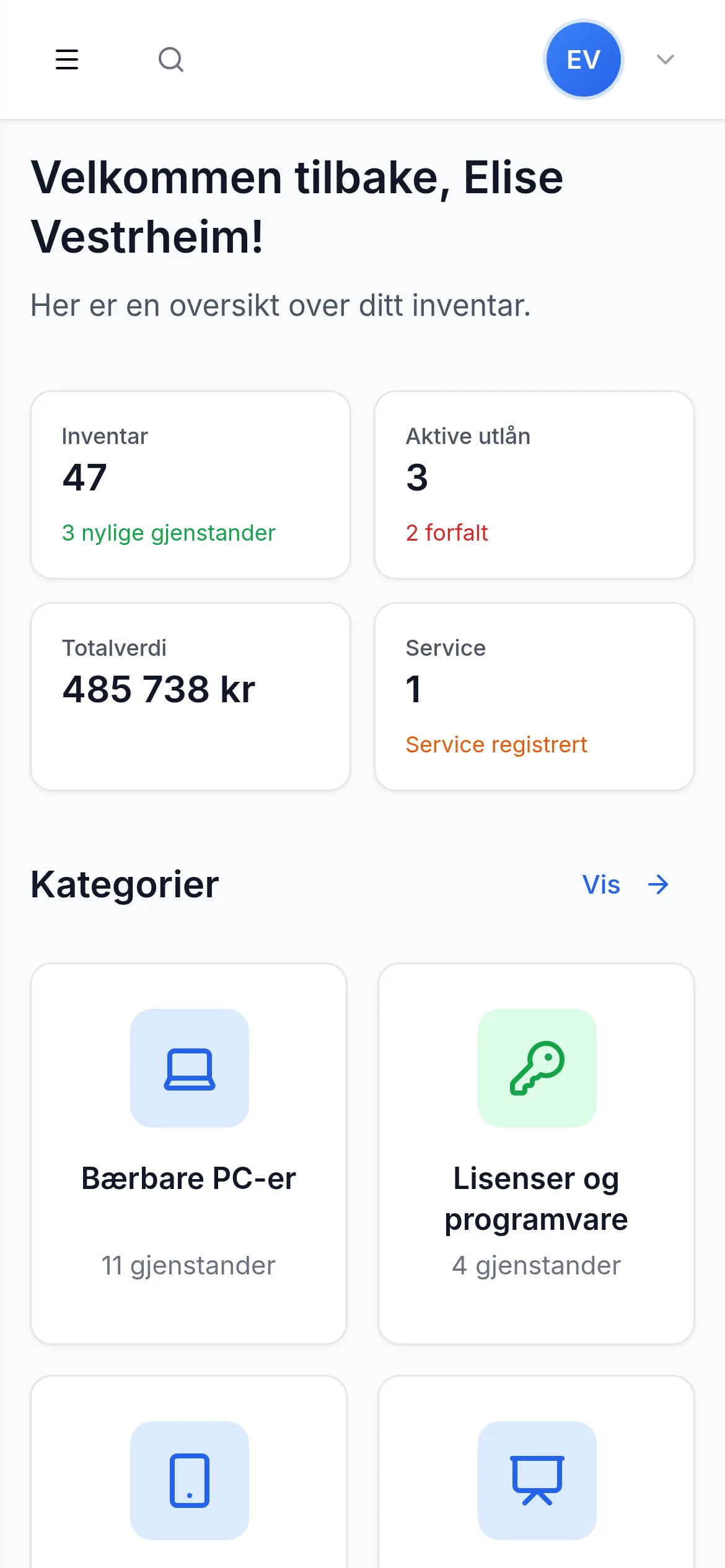 Dashbord for IT-avdeling på mobil i InventarListen