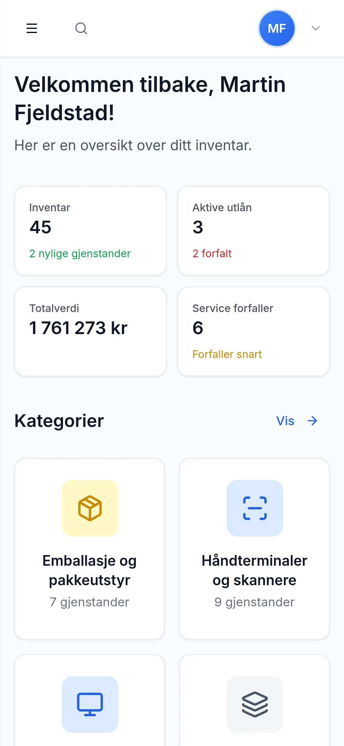 Dashbord for lager- og logistikkbedrift på mobil i InventarListen