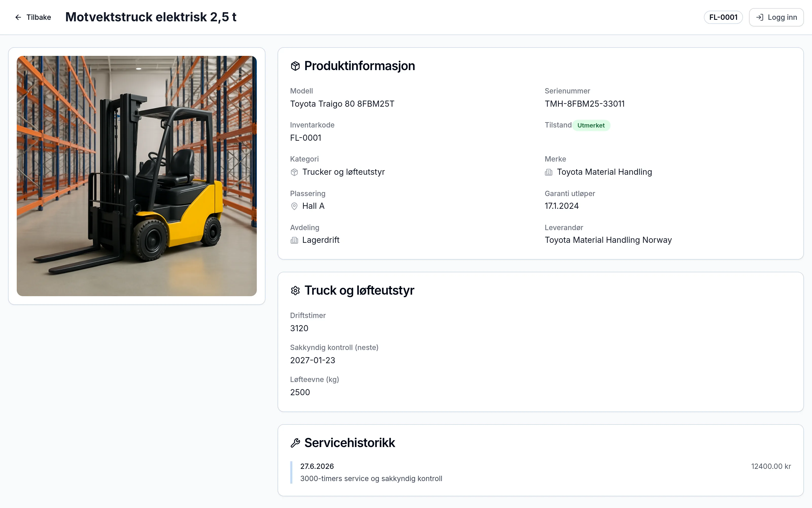 Offentlig QR-side for et inventarelement hos lager- og logistikkbedrift – skannes med mobilen