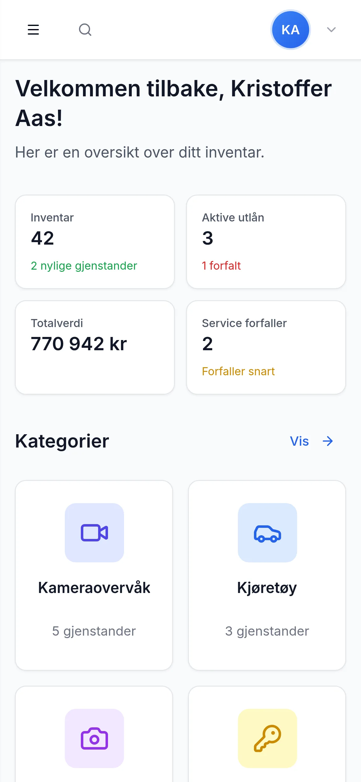 Dashbord for sikkerhet-og-vakthold på mobil i InventarListen