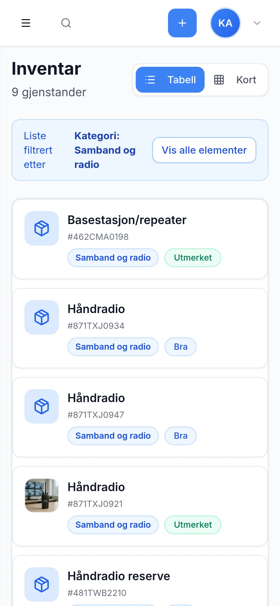 Inventarliste for sikkerhet-og-vakthold på mobil i InventarListen