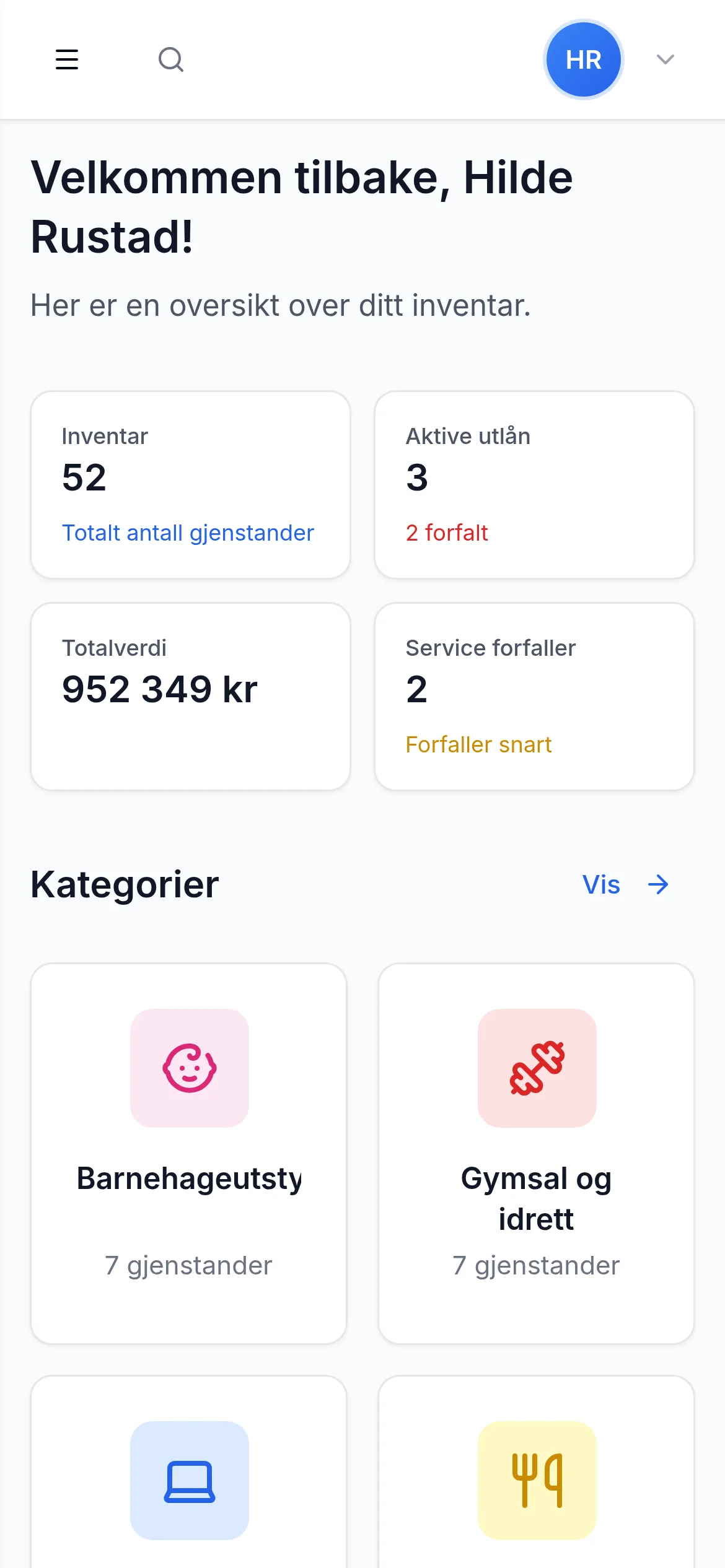 Dashbord for skole og barnehage på mobil i InventarListen