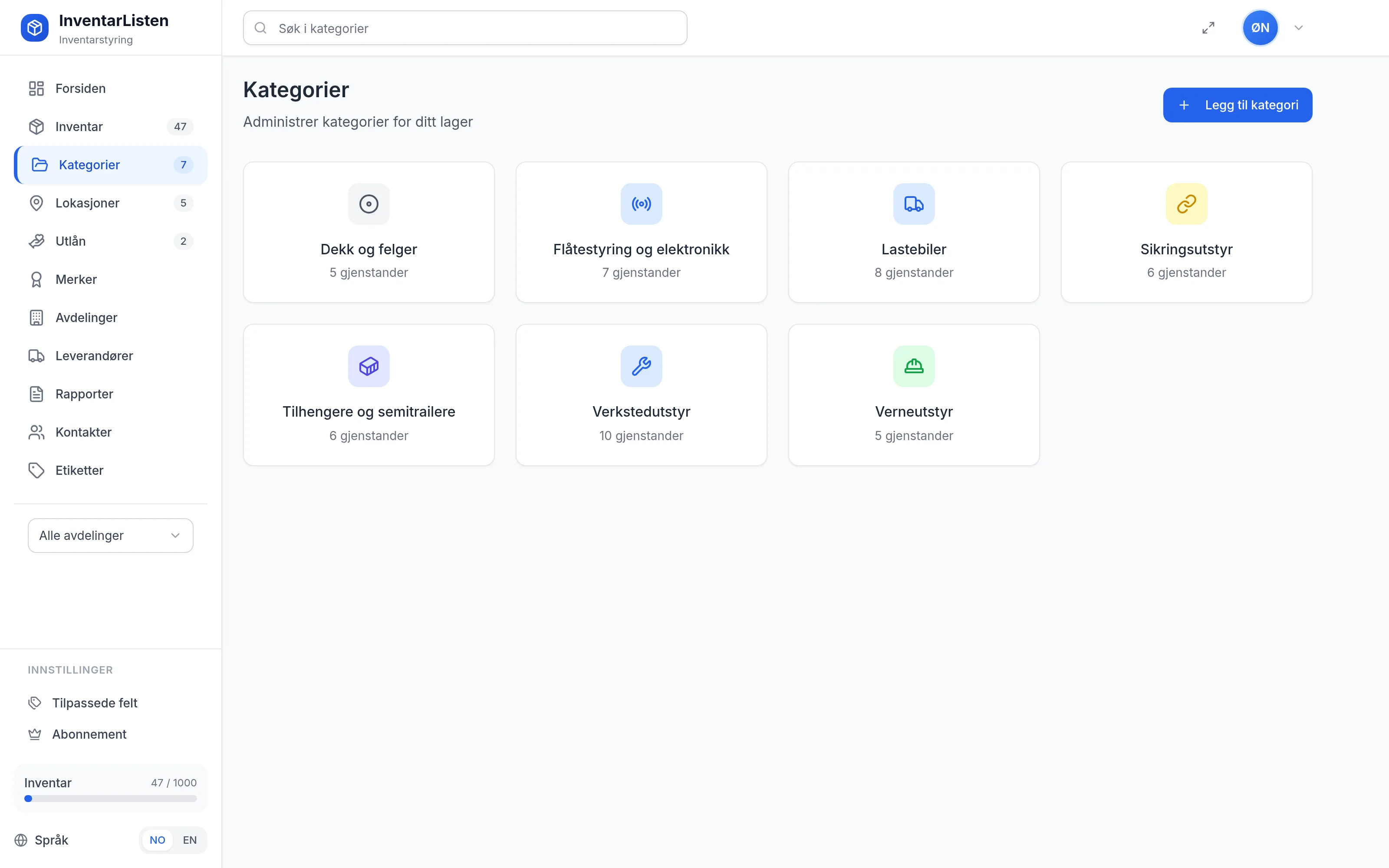 Kategorier for transportbedrift i InventarListen