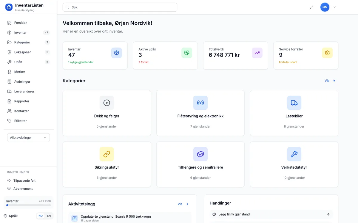 Dashbordet i InventarListen – oversikt over inventar, utlån, totalverdi og service som forfaller