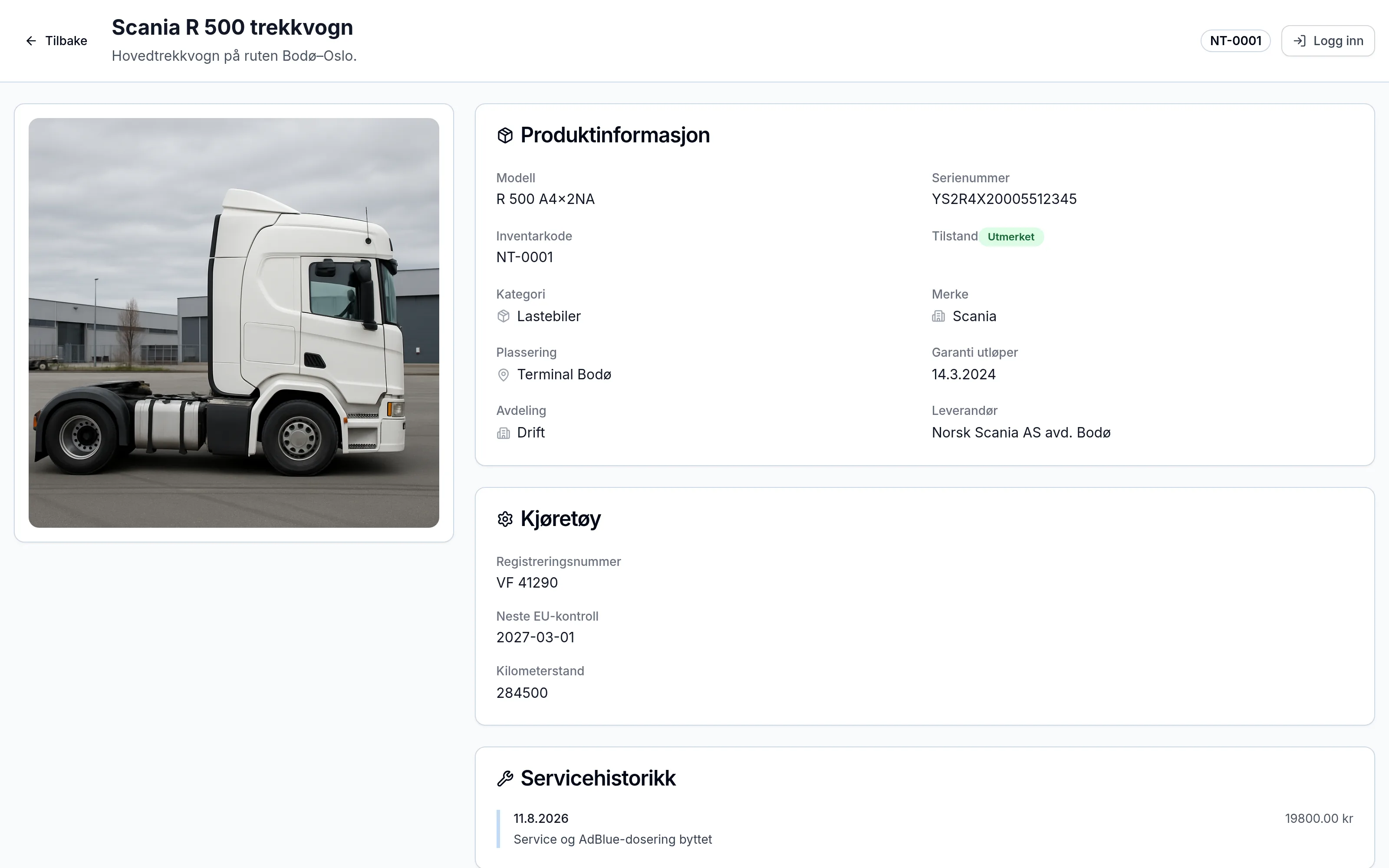 Offentlig QR-side for et inventarelement hos transportbedrift – skannes med mobilen