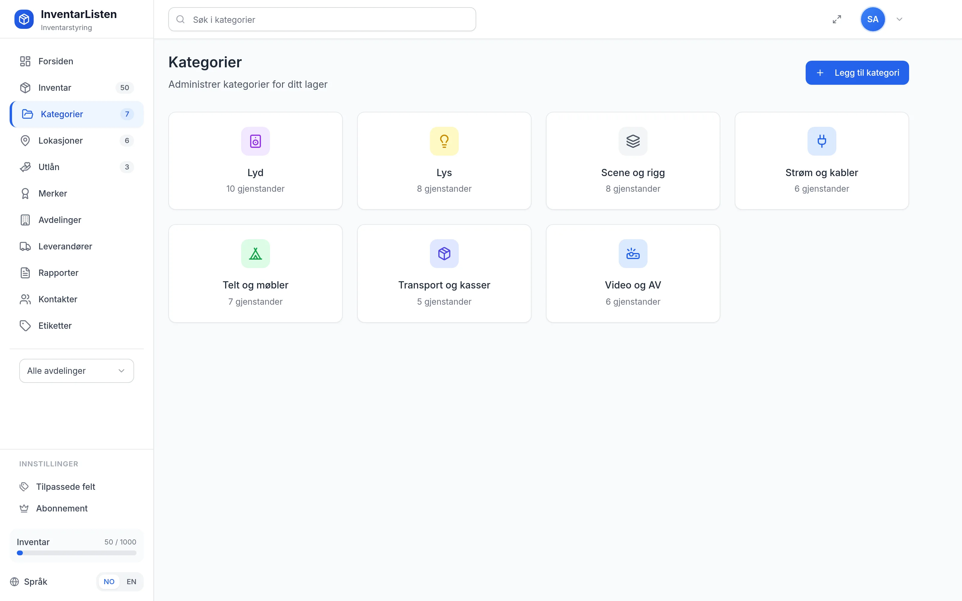 Kategorier for utleie- og eventselskap i InventarListen