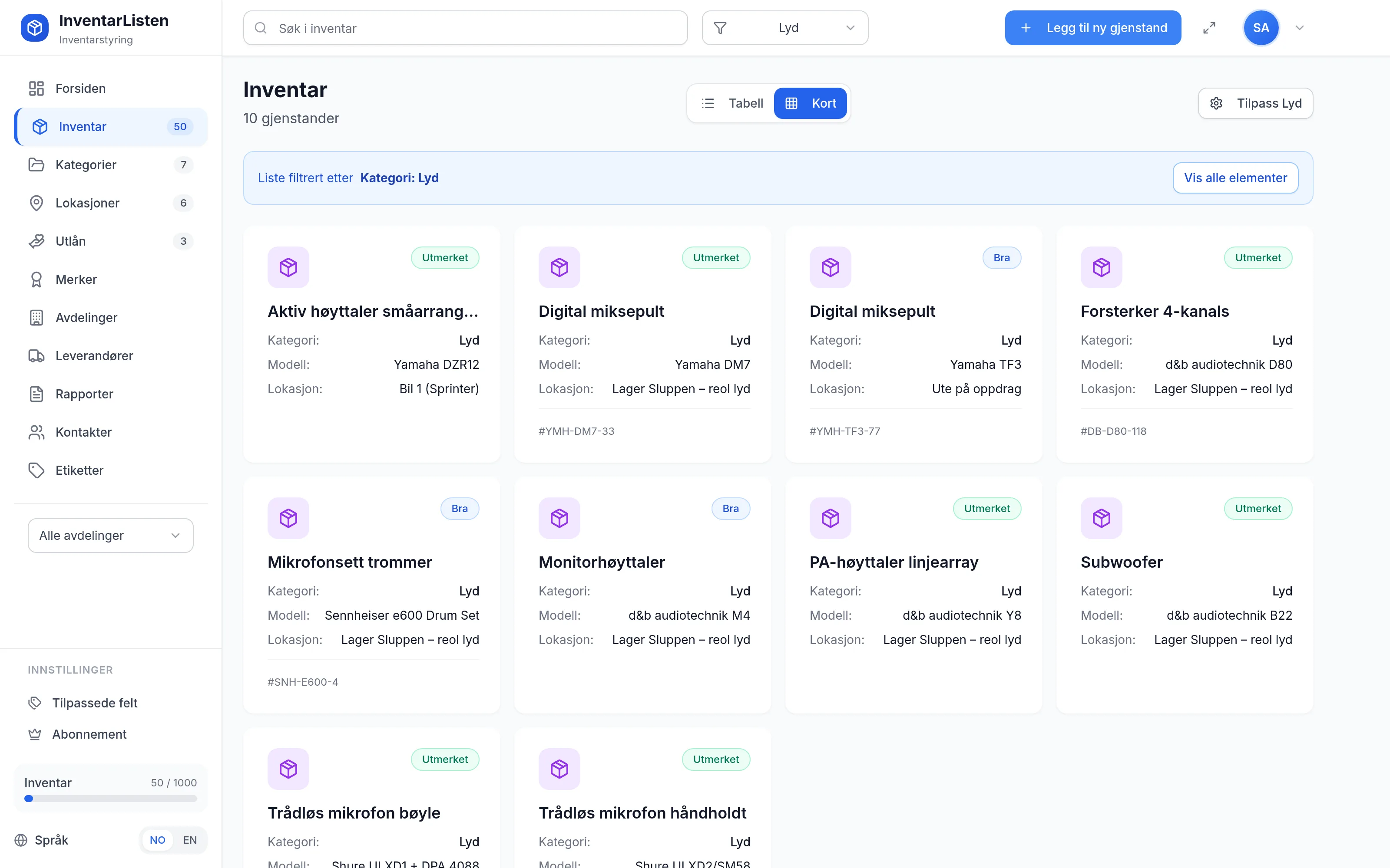 Inventar for utleie- og eventselskap i kortvisning med bilder i InventarListen