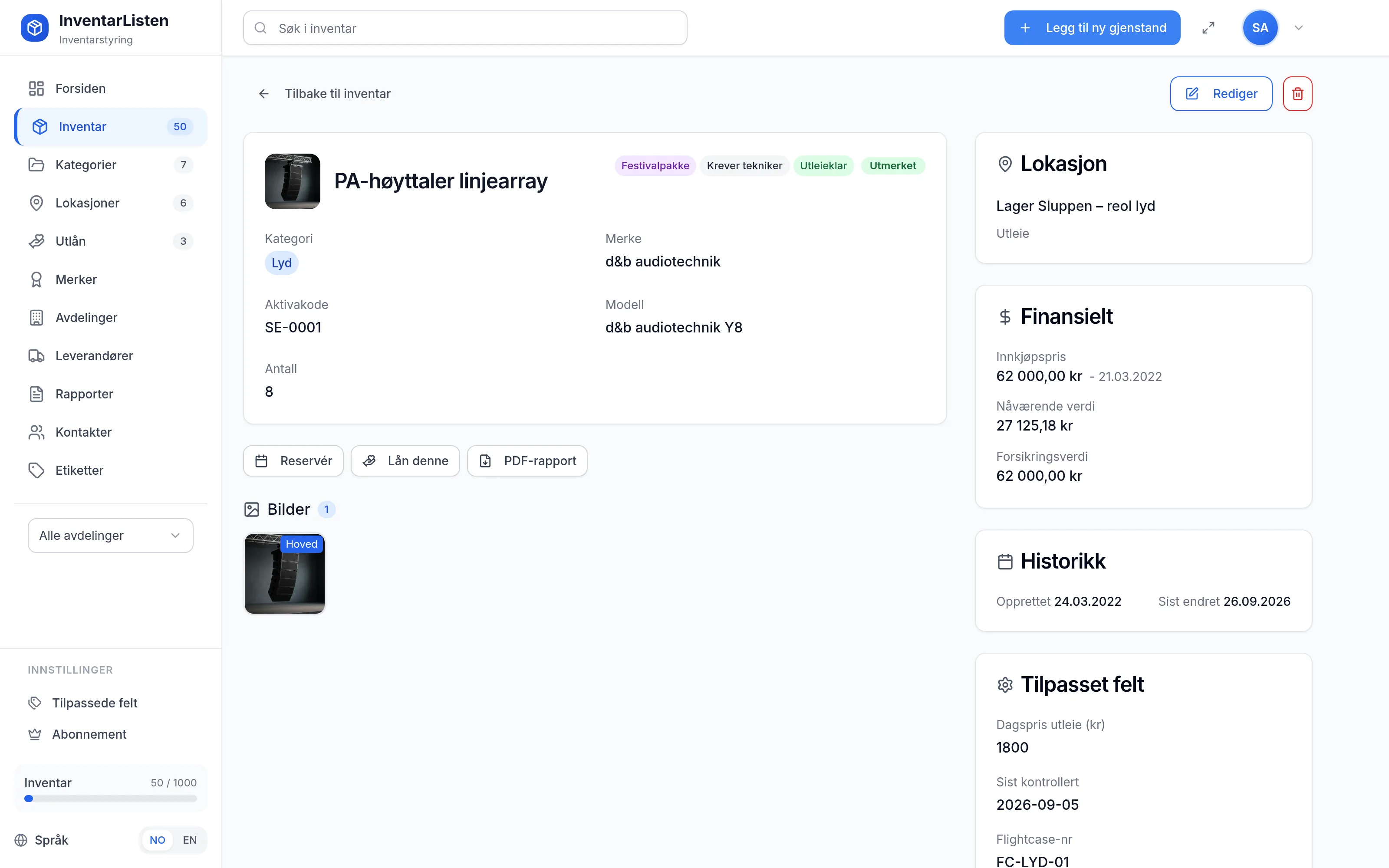 Detaljside for et inventarelement hos utleie- og eventselskap – verdi, service, garanti og egendefinerte felt